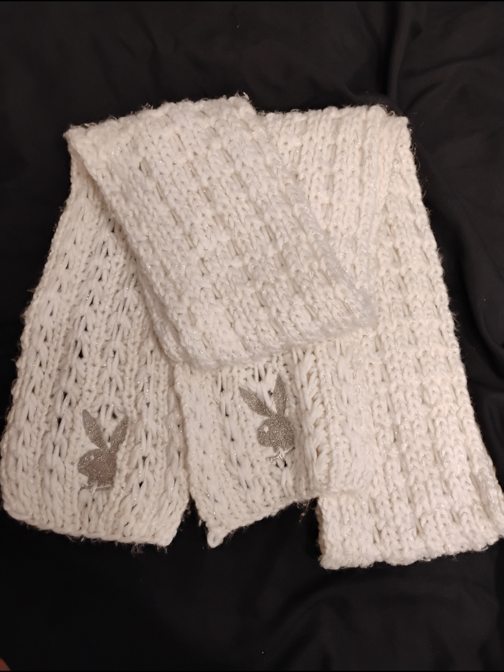 PLAYBOY White Chunky Knit Scarf with Silver Bunny Logos
